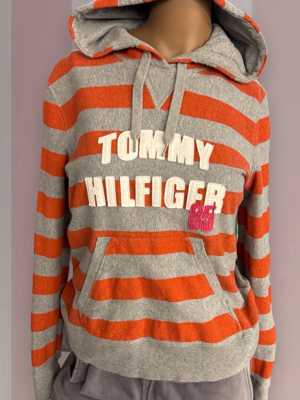 Tommy Hilfiger Grey/Orange Striped Y2K hoodie